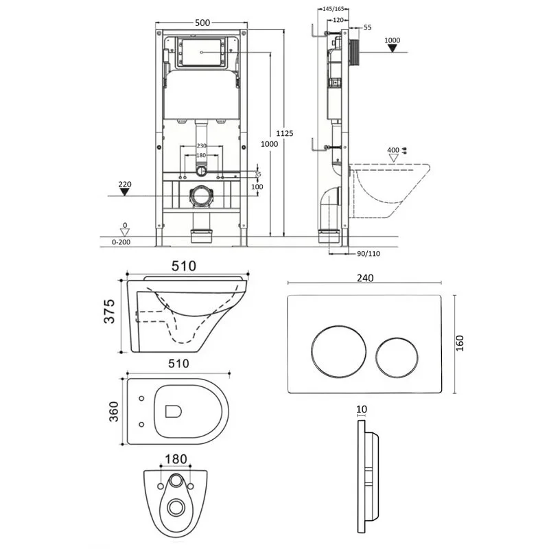 Agger ATI03144+APB200 Унитаз подвесной безободковый черный с инсталляцией, микролифт, кнопка смыва хром