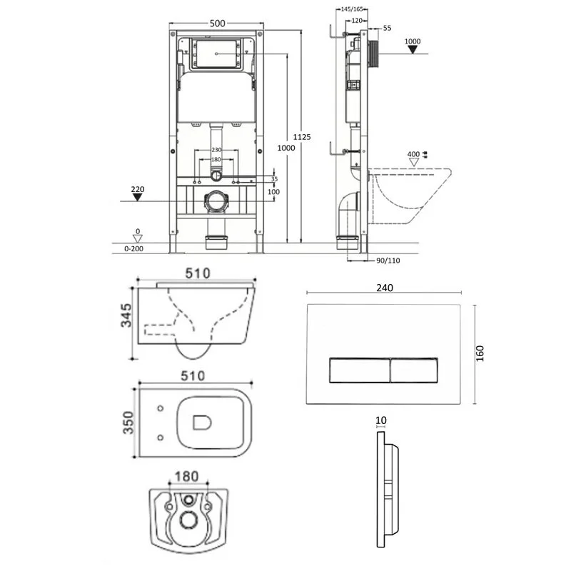Agger ATI05100+APB244 Унитаз подвесной безободковый белый с инсталляцией, микролифт, кнопка смыва черная