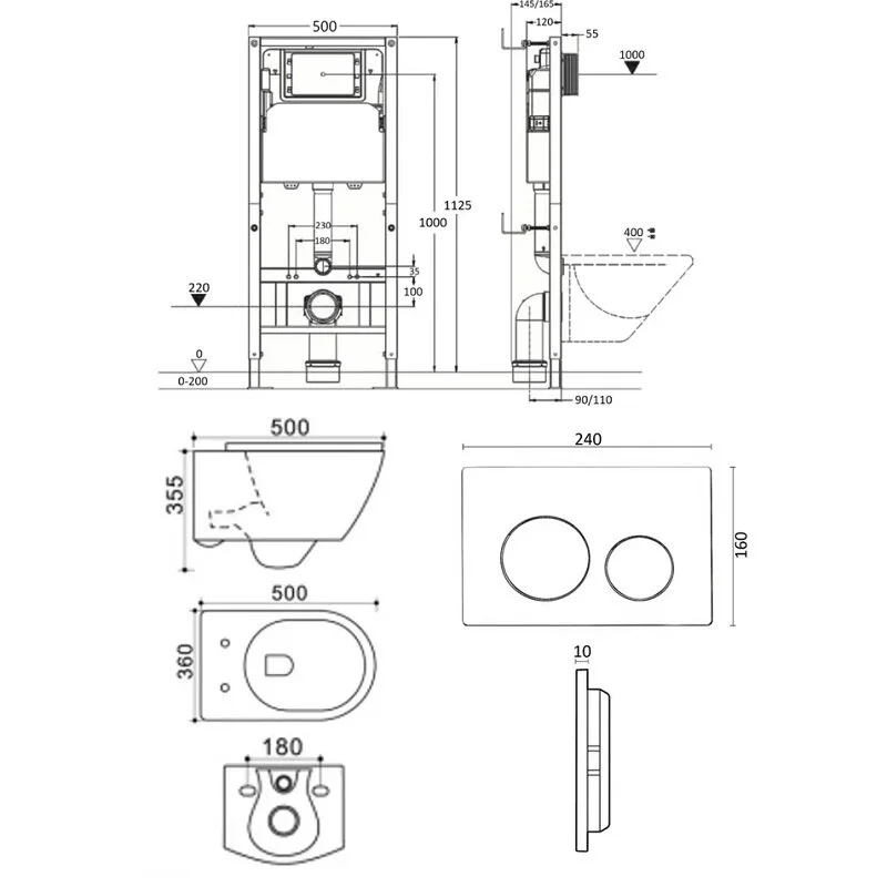 Agger ATI03100+APB144 Унитаз подвесной безободковый белый с инсталляцией, микролифт, кнопка смыва черная