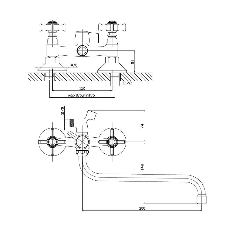 Agger Retro-X A1722200 смеситель для ванны двухвентильный универсальный с душевым набором, хром