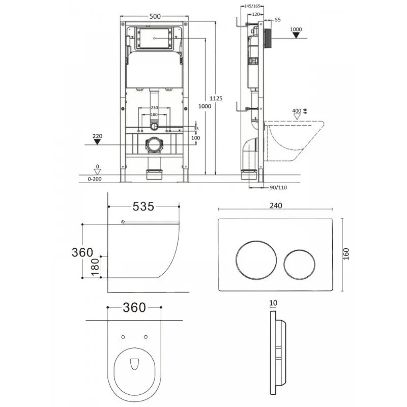 Agger ATI06100+APB244 Унитаз подвесной безободковый белый с инсталляцией, микролифт, кнопка смыва черная