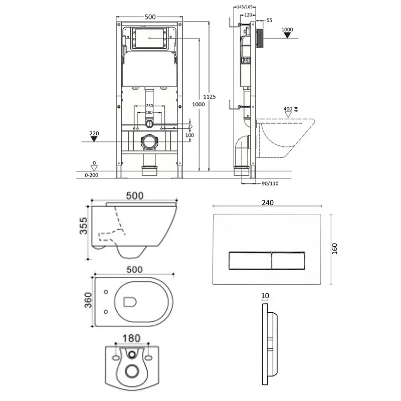 Agger ATI03100+APB244 Унитаз подвесной безободковый белый с инсталляцией, микролифт, кнопка смыва черная