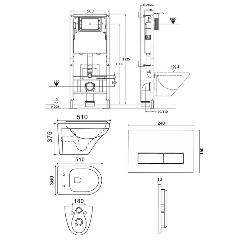 Agger ATI04100+APB100 Унитаз подвесной безободковый белый с инсталляцией, микролифт, кнопка смыва хром