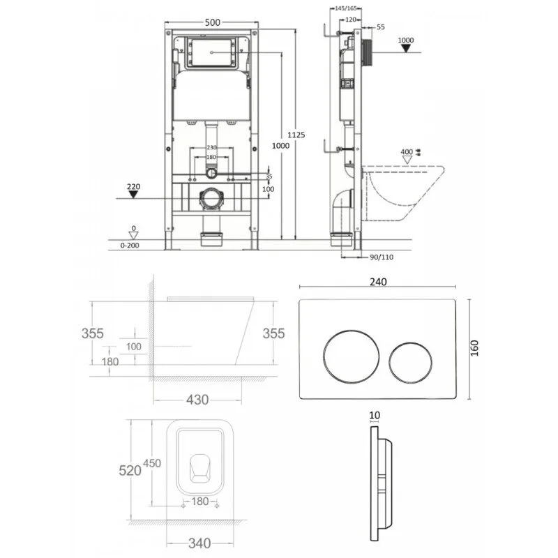 Agger ATI07150+APB144 Унитаз подвесной безободковый белый с инсталляцией, микролифт, кнопка смыва черная