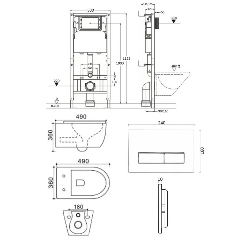 Agger ATI04100+APB244 Унитаз подвесной безободковый белый с инсталляцией, микролифт, кнопка смыва черная