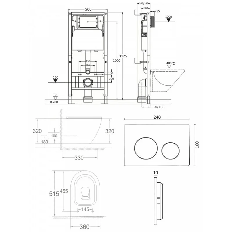 Agger ATI06100+APB144 Унитаз подвесной безободковый белый с инсталляцией, микролифт, кнопка смыва черная