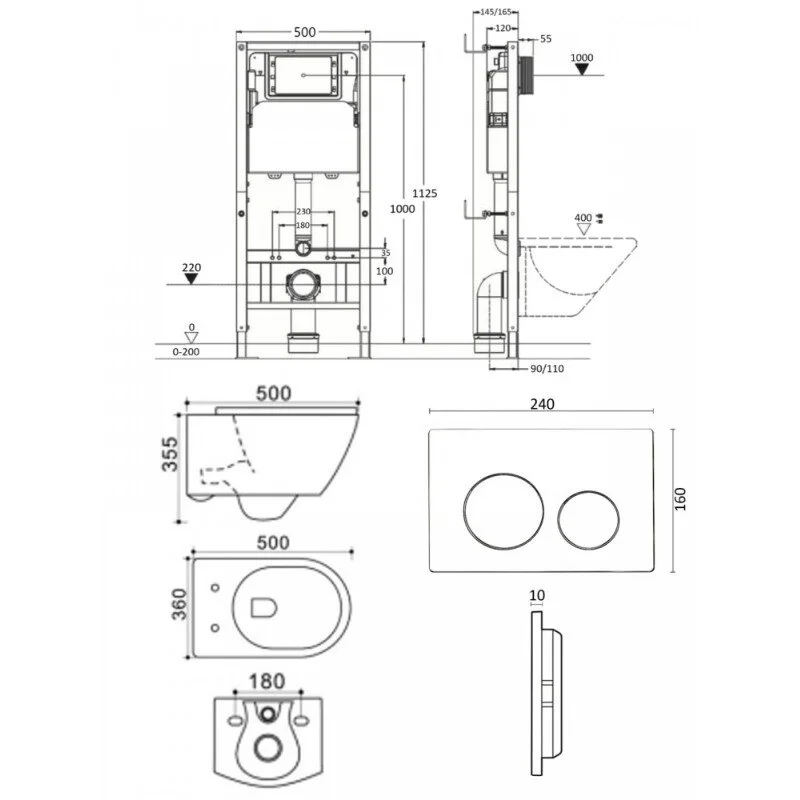 Agger ATI07150+APB244 Унитаз подвесной безободковый белый с инсталляцией, микролифт, кнопка смыва черная