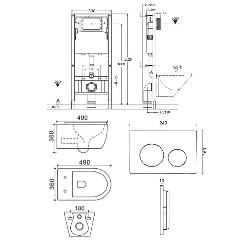 Agger ATI04100+APB144 Унитаз подвесной безободковый белый с инсталляцией, микролифт, кнопка смыва черная