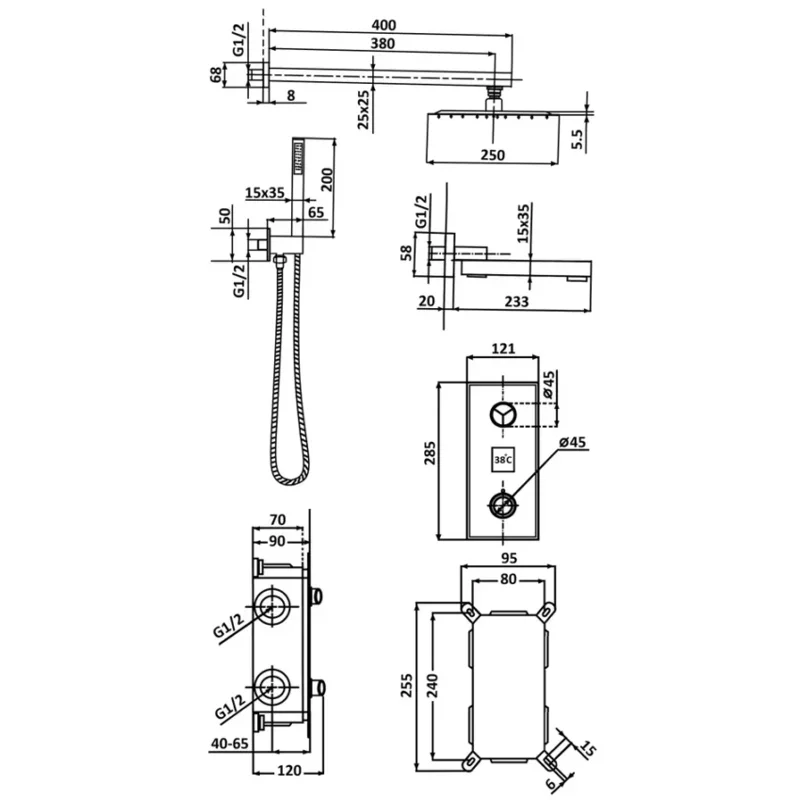 Встраимаемый душевой комплект с термостатом 3 режима черный