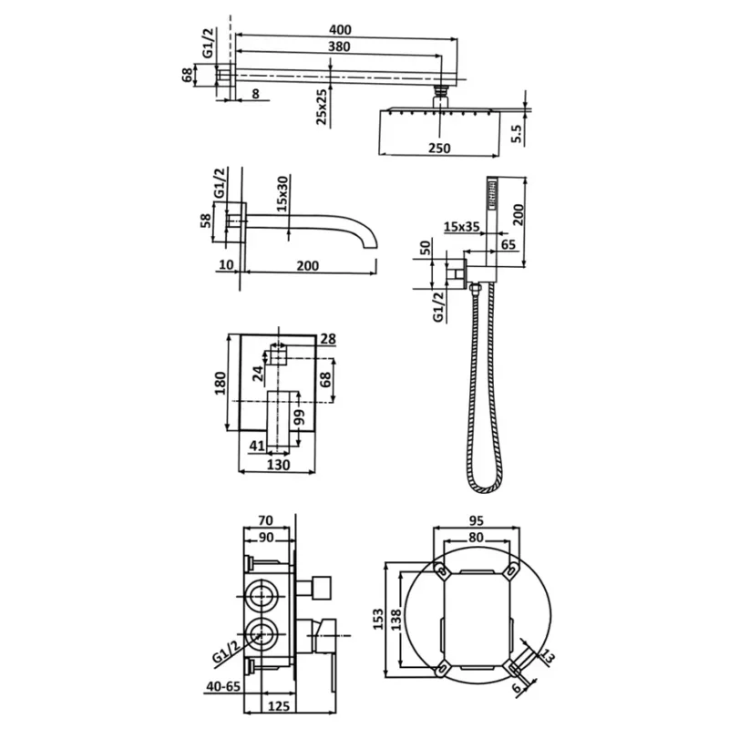 Встраиваемый душевой комплект со смесителем Liros, черный  3 режима