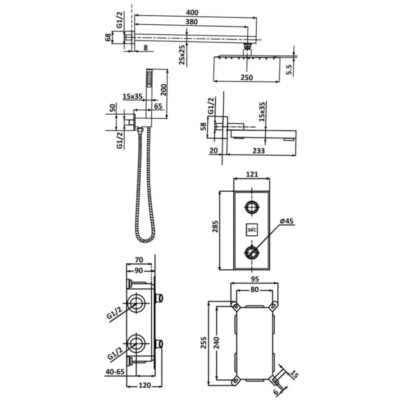 Встраимаемый душевой комплект с термостатом 3 режима черный