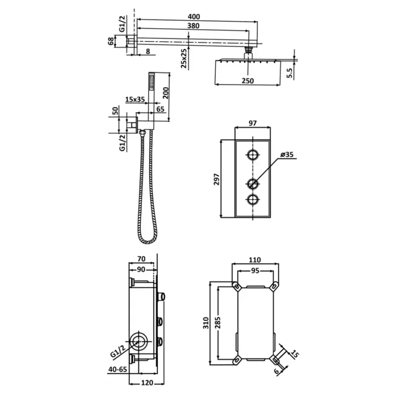 Встраимаемый душевой комплект с термостатом 2 режима черный
