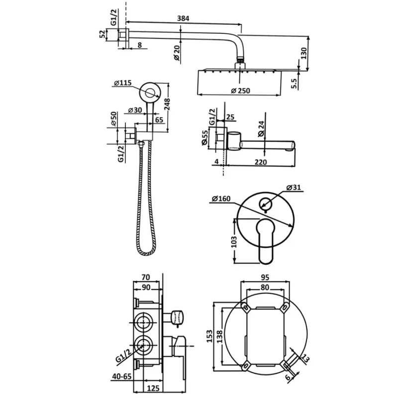 Встраиваемый душевой комплект со смесителем Ruver, черный 3 режима