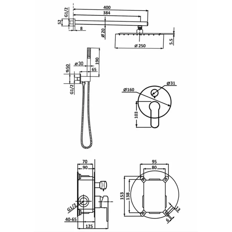 Встраиваемый душевой комплект со смесителем Sakari, хром 2 режима