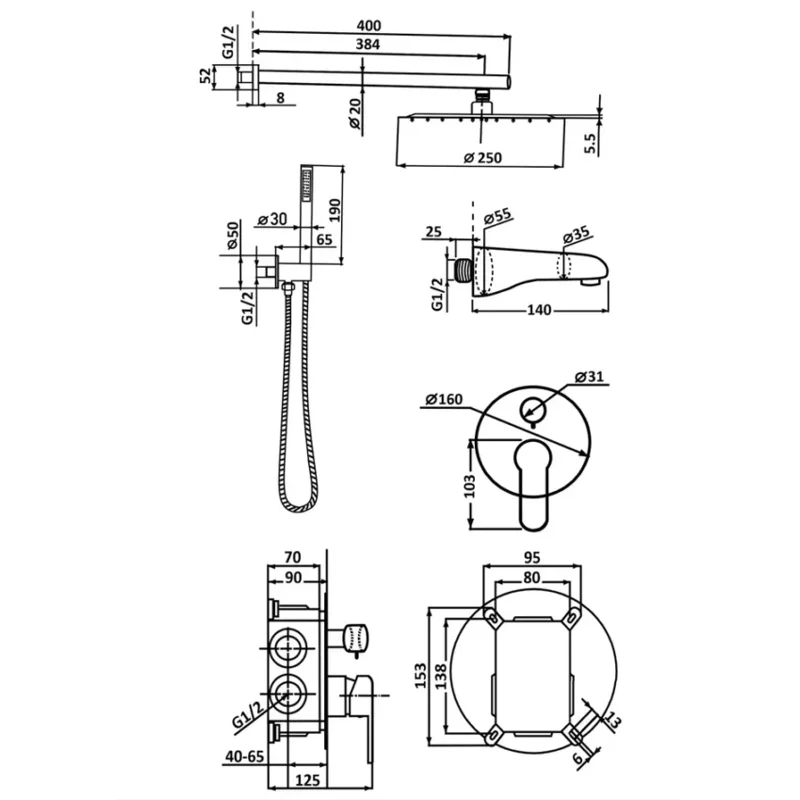 Встраиваемый душевой комплект со смесителем Marita, хром  3 режима