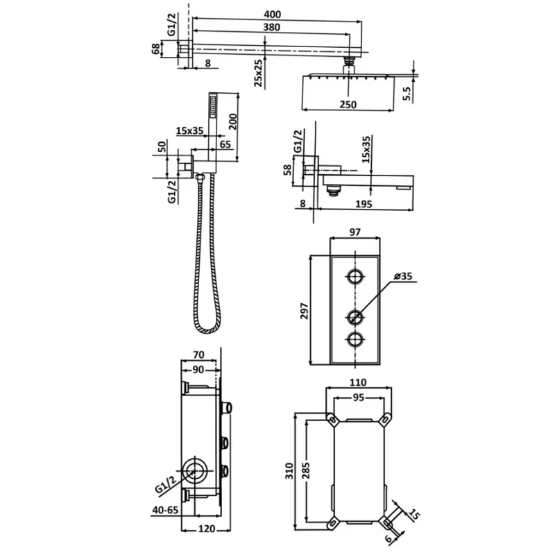 Встраимаемый душевой комплект с термостатом 3 режима черный