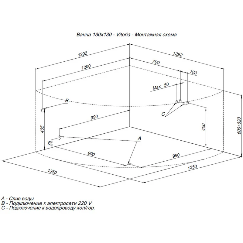 Акриловая ванна Aquanet Vitoria 130x130 (с каркасом)
