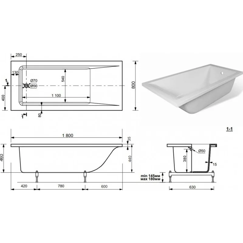 Ванна из искусственного мрамора Aquanet Bright Stone 180х80