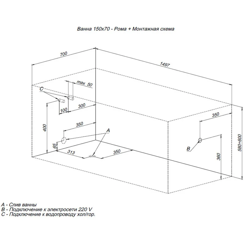 Акриловая ванна Aquanet Roma 150x70 (с каркасом)