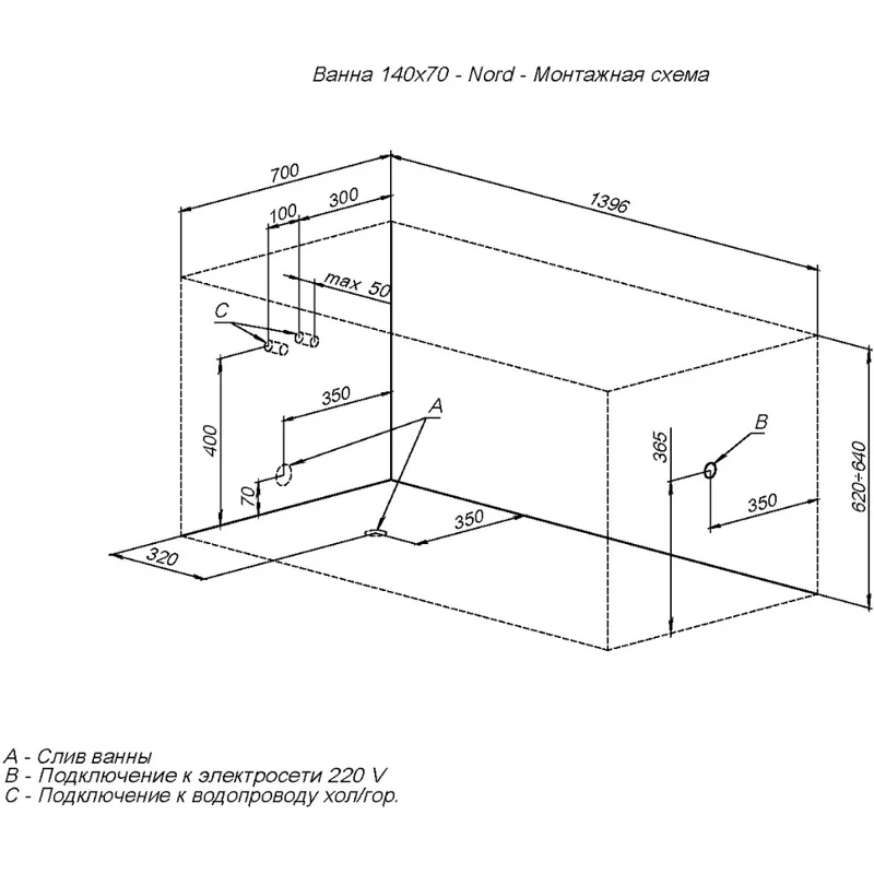 Акриловая ванна Aquanet Nord 140x70 (с каркасом)