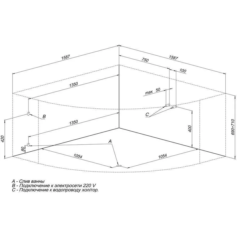 Акриловая ванна Aquanet Santiago 160x160 (с каркасом)