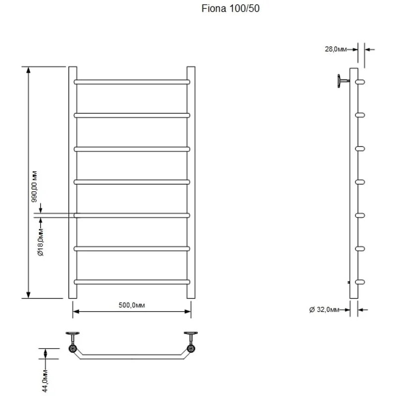 Полотенцесушитель водяной Aquanet Fiona 1000x500, хром