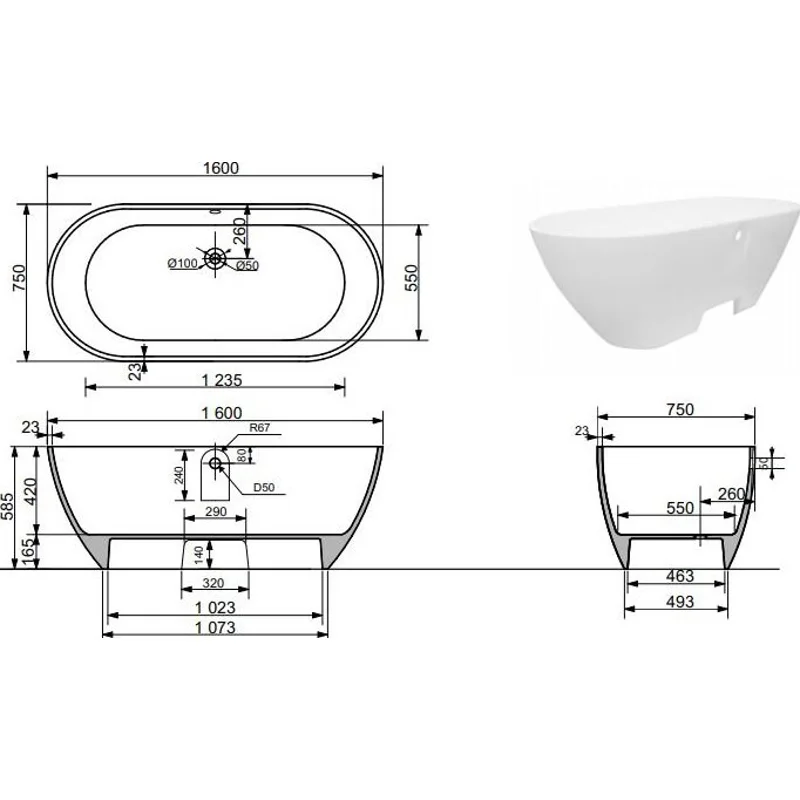 Ванна из искусственного мрамора Aquanet Family Stone 160х75