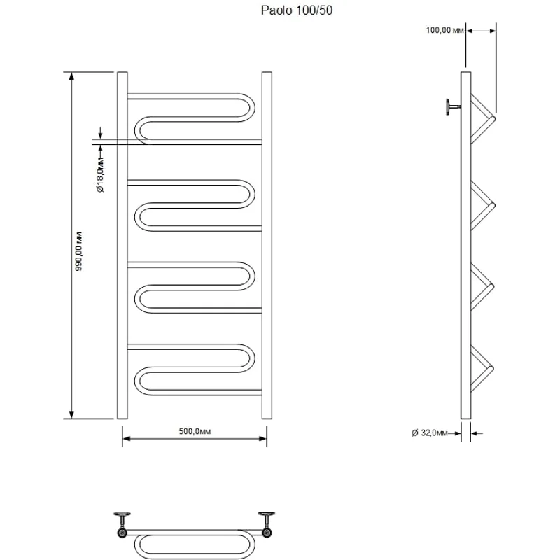 Полотенцесушитель водяной Aquanet Paolo 1000x500, хром
