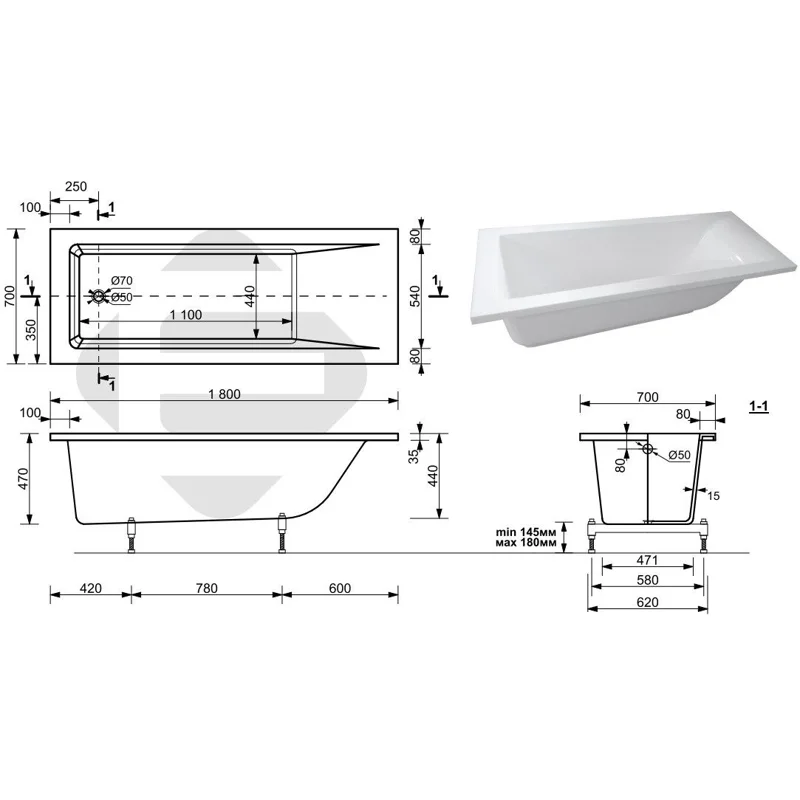 Ванна из искусственного мрамора Aquanet Bright Stone 180x70