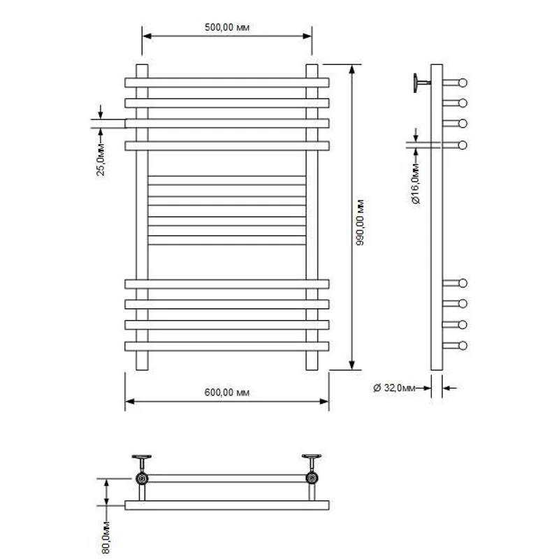 Полотенцесушитель водяной Aquanet Largo 1000x500, хром