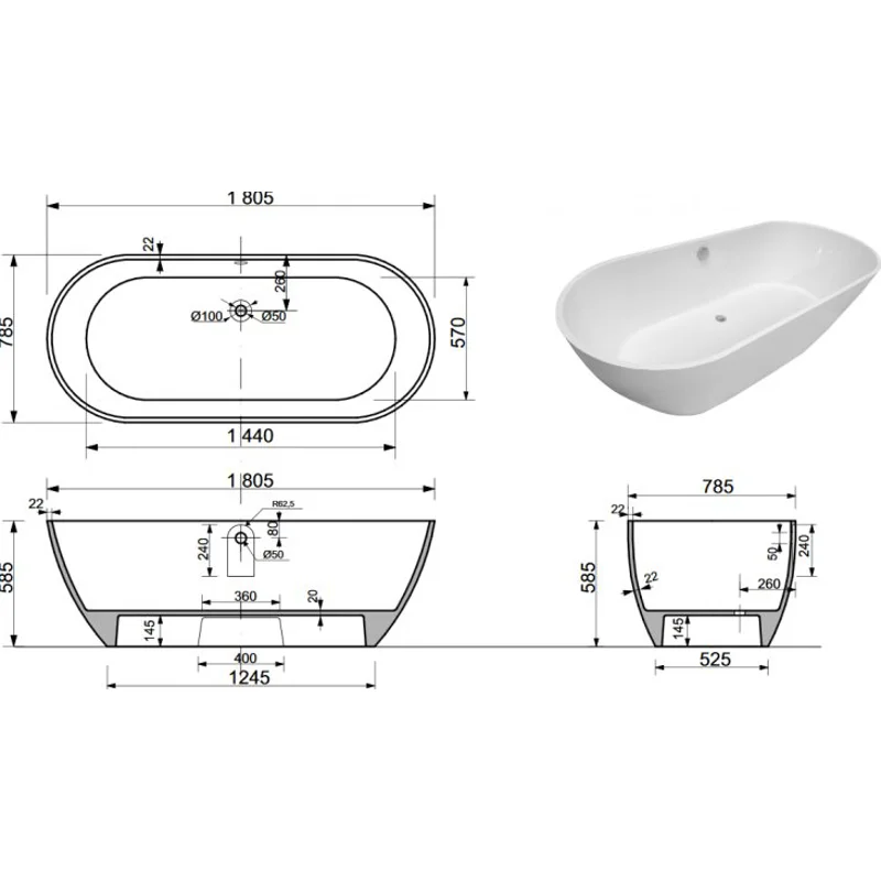Ванна из искусственного мрамора Aquanet Family Stone 180х80