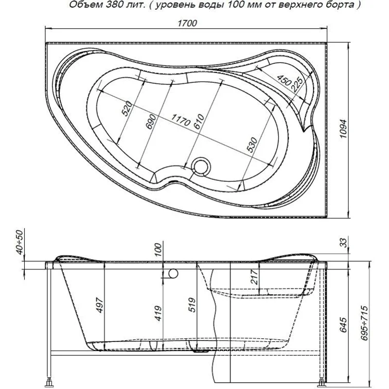 Акриловая ванна Aquanet Capri 170x110 R