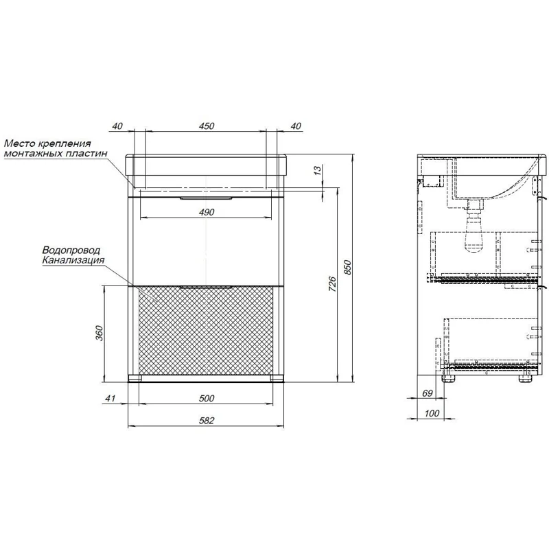 Тумба под раковину Aquanet Ирис new 60 белый глянец (2 ящика, ножки)