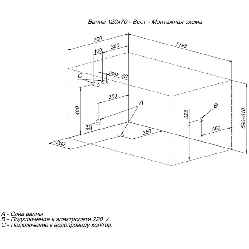 Акриловая ванна Aquanet West 120x70