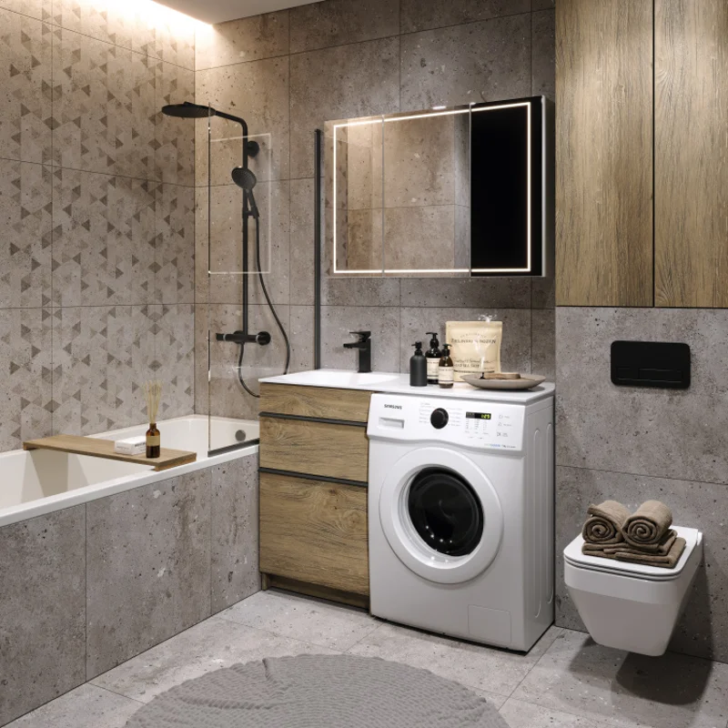 Тумба с раковиной под стиральую машину Aqwella Terra TER01052NDB+FOR.11.04.D-L/TER01052NDB+FOR.11.04.D-R, 115 см, напольная, дуб балтийский, чаша раковины слева/справа