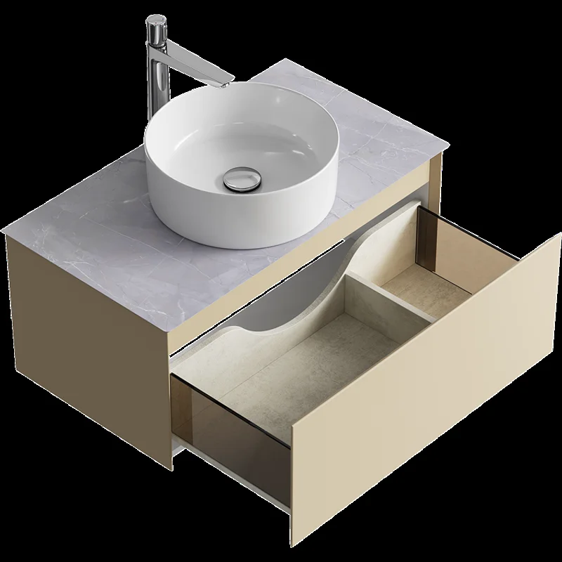 Подвесная тумба с накладным умывальником Aqwella Geometria 81см, с одним ящиком, цвет морская дюна, со столешницей серый камень