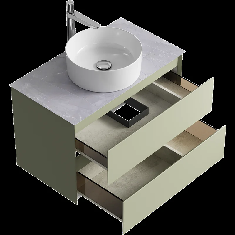 Подвесная тумба с накладным умывальником Aqwella Geometria 81см, с двумя ящиками, цвет зеленый шалфей, со столешницей серый камень