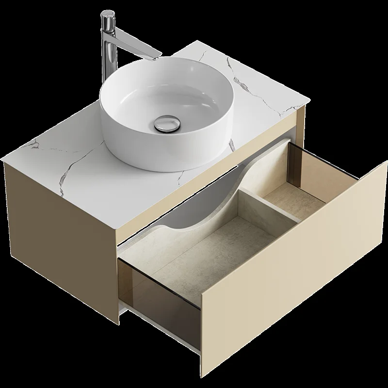 Подвесная тумба с накладным умывальником Aqwella Geometria 81см, с одним ящиком, цвет морская дюна, со столешницей мрамор белый
