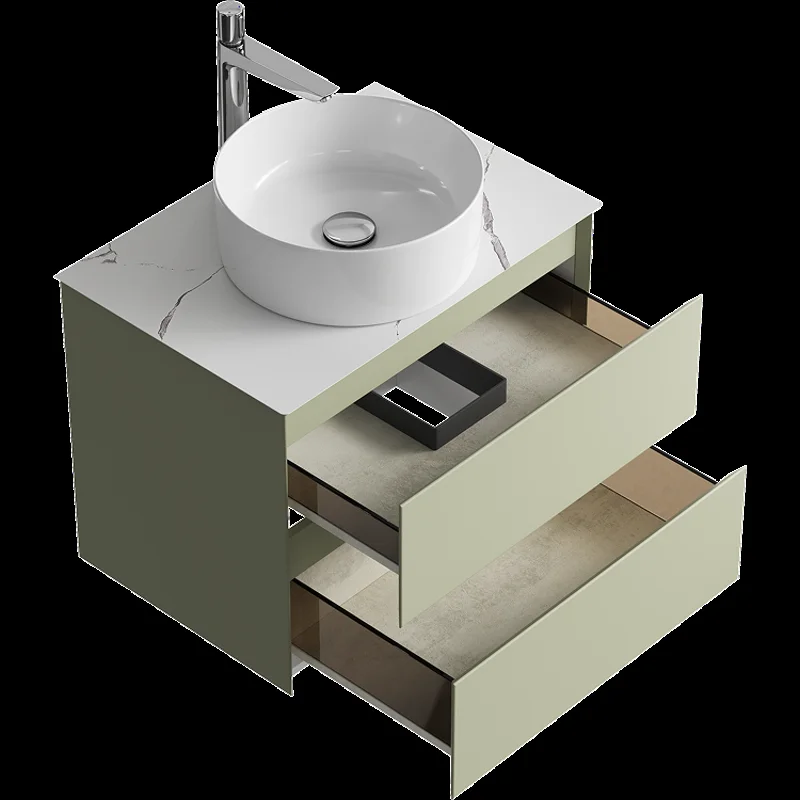 Подвесная тумба с накладным умывальником Aqwella Geometria 65см, с двумя ящиками, цвет зеленый шалфей, со столешницей мрамор белый