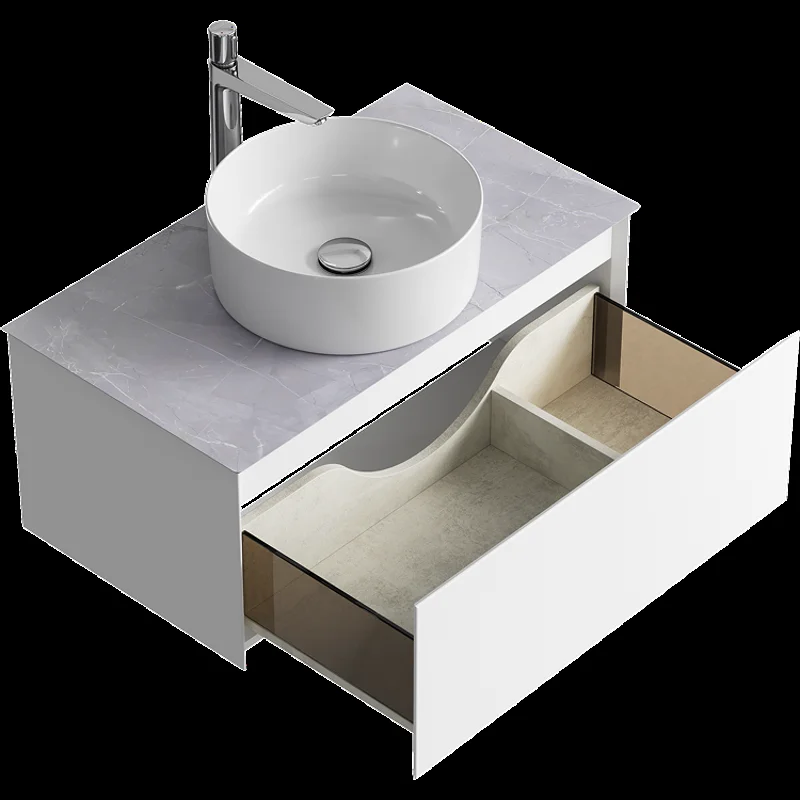 Подвесная тумба с накладным умывальником Aqwella Geometria 81см, с одним ящиком, цвет белый, со столешницей серый камень