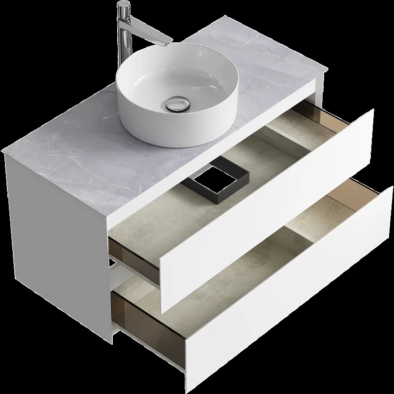 Подвесная тумба с накладным умывальником Aqwella Geometria 100см, с двумя ящиками, цвет белый, со столешницей серый камень