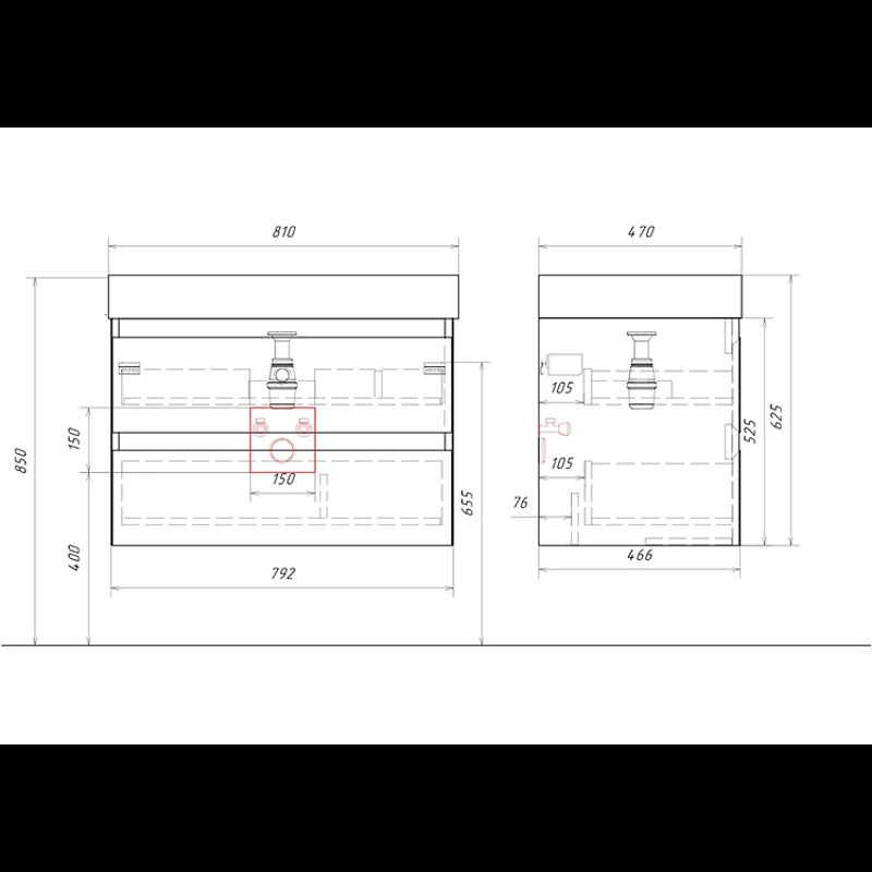 Подвесная тумба Aqwella Geometria 81см, с двумя ящиками, цвет серый туман