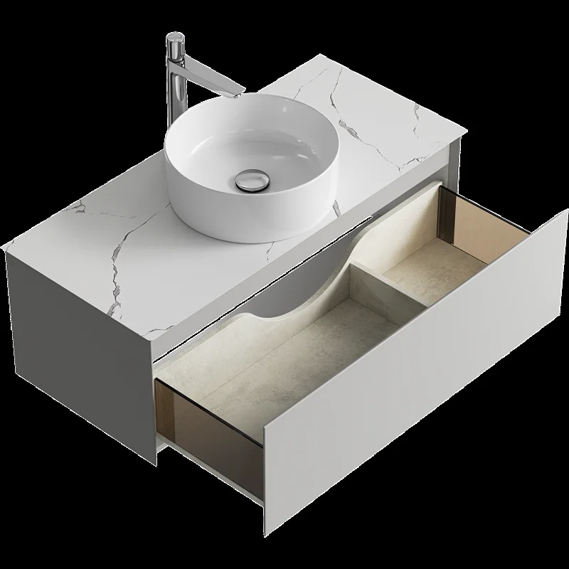 Подвесная тумба с накладным умывальником Aqwella Geometria 100см, с одним ящиком, цвет серый туман, со столешницей мрамор белый