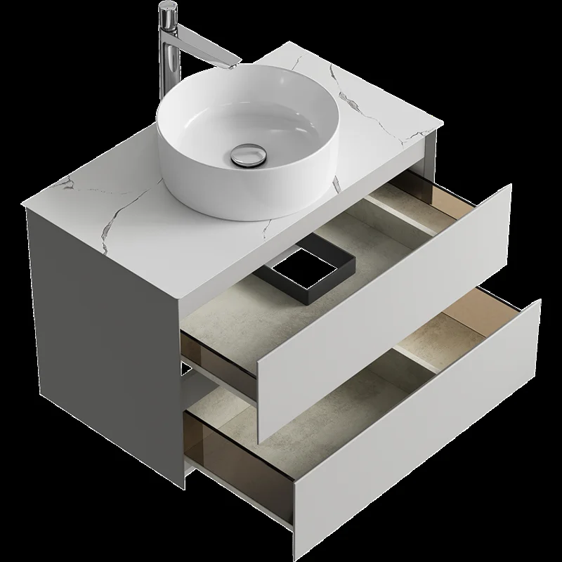 Подвесная тумба с накладным умывальником Aqwella Geometria 81см, с двумя ящиками, цвет серый туман, со столешницей мрамор белый