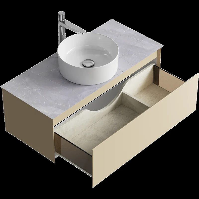 Подвесная тумба с накладным умывальником Aqwella Geometria 100см, с одним ящиком, цвет морская дюна, со столешницей серый камень