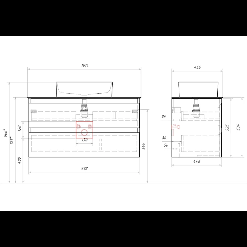 Подвесная тумба с накладным умывальником Aqwella Geometria 100см, с двумя ящиками, цвет серый, со столешницей мрамор белый