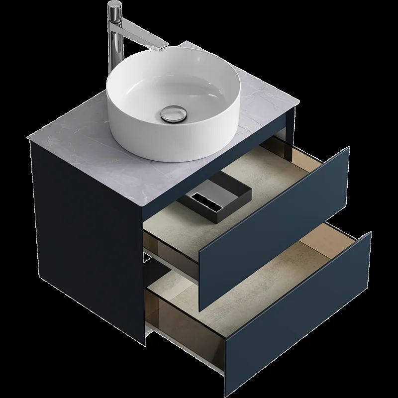 Подвесная тумба с накладным умывальником Aqwella Geometria 65см, с двумя ящиками, цвет серый, со столешницей серый камень
