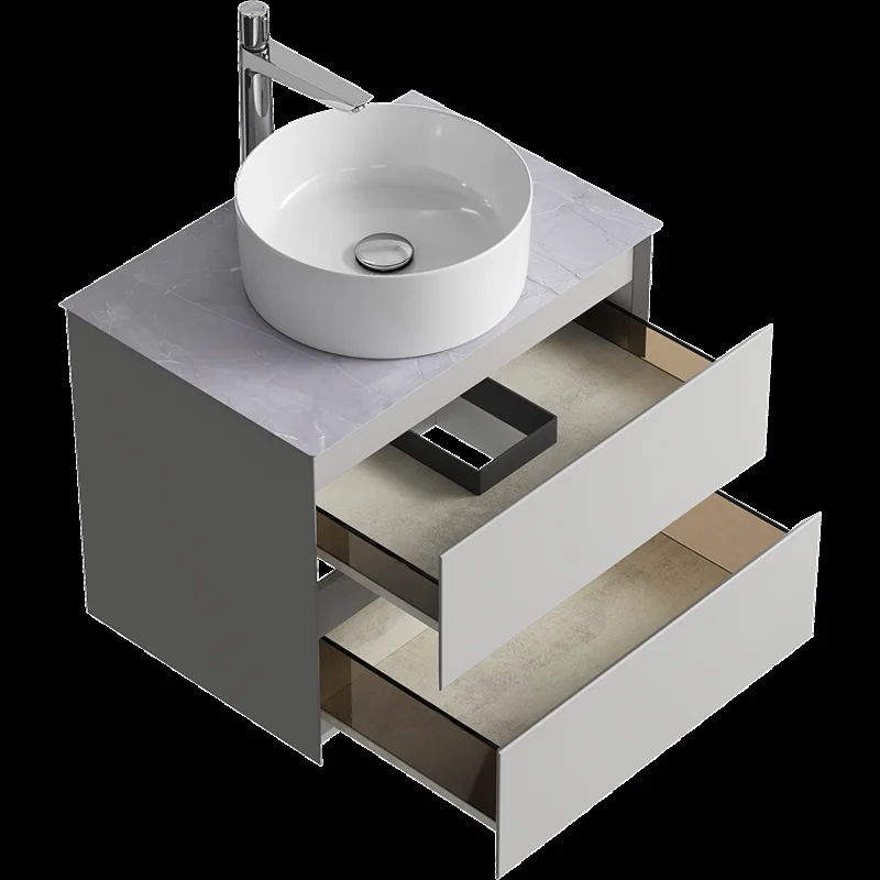 Подвесная тумба с накладным умывальником Aqwella Geometria 65см, с двумя ящиками, цвет серый туман, со столешницей серый камень