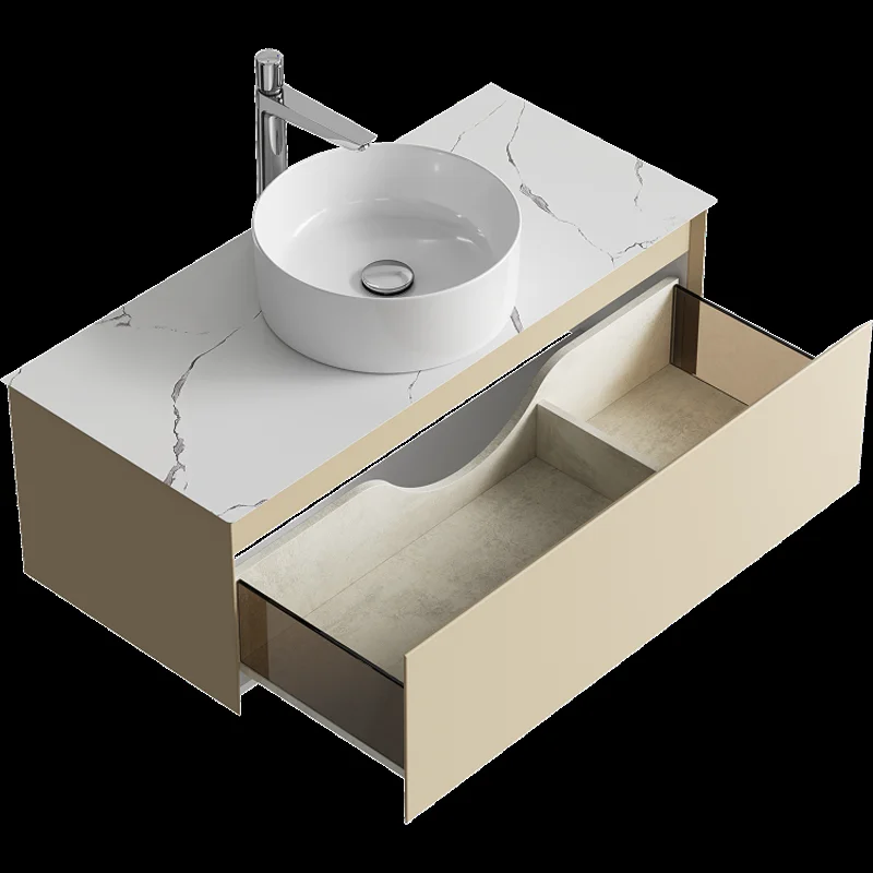 Подвесная тумба с накладным умывальником Aqwella Geometria 100см, с одним ящиком, цвет морская дюна, со столешницей мрамор белый