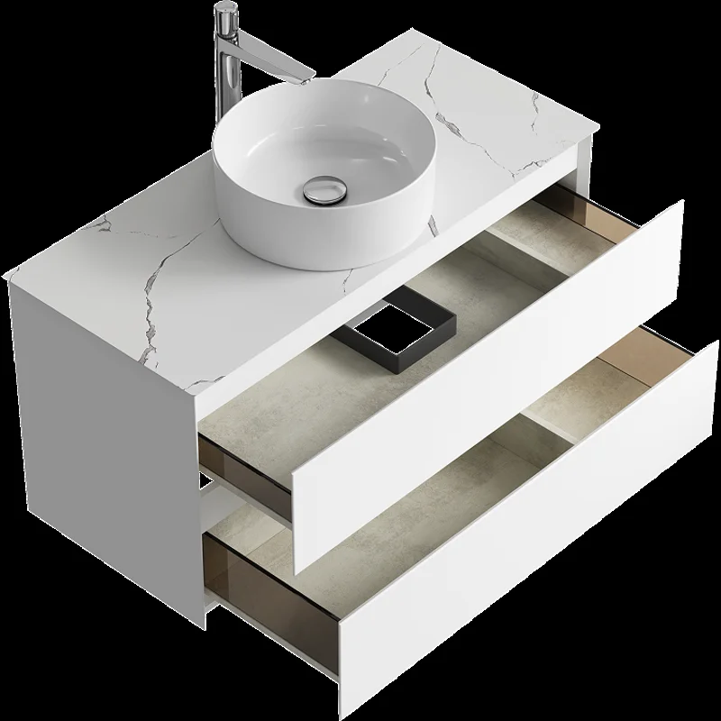 Подвесная тумба с накладным умывальником Aqwella Geometria 100см, с двумя ящиками, цвет белый, со столешницей мрамор белый